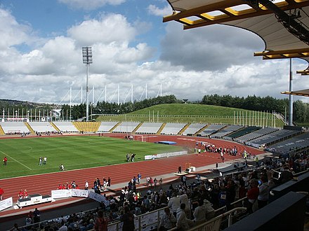 A view of the running track and surrounding seating