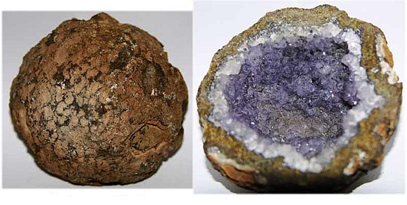 An amethyst geode that formed when large crystals grew in open spaces inside the rock.
