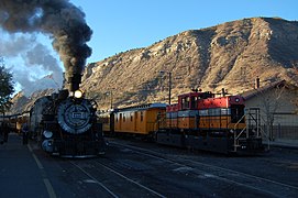 K-36 steam locomotive #486 and Diesel engine "Big Al" #7 in Durango on October 25, 2012.