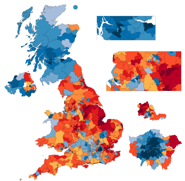 Results of the 2016 EU Referendum by constituency (incl. estimates)

Leave >70%
Leave 65% to 70%
Leave 60% to 65%
Leave 55% to 60%
Leave 52% to 55%
Leave <52%
Remain <52%
Remain 52% to 55%
Remain 55% to 60%
Remain 60% to 65%
Remain 65% to 70%
Remain >70% EU Ref Leave Remain RedBlue 52Split.png