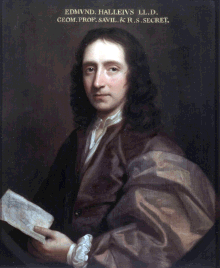 A middle-aged man in robes, holding a piece of paper in his left hand. At the top of the painting, the caption reads "EDMVND HALLEIVS LL.D. GEOM. PROF. SAVIL. & R. S. SECRET."