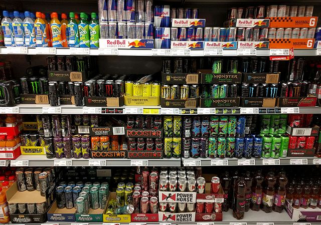 A variety of energy drinks in a German supermarket shelf