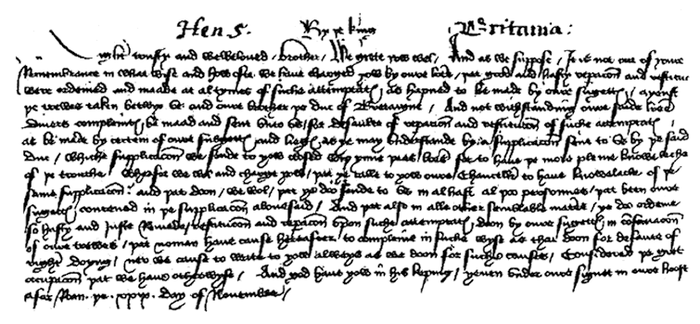 English chancery hand. Facsimile letter from Henry V of England, 1418.