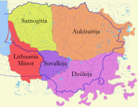 אוקשטאיטייה (בכתום) במפת אזוריה האתנוגרפיים של ליטא
