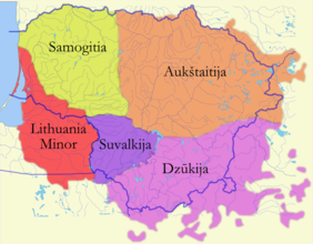 Historic Lithuania Minor (red) comprised much of the Prussian region that is now Kaliningrad Oblast.