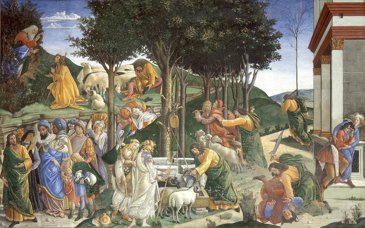 The Trials and Calling of Moses by Sandro Botticelli, Exodus 2:17, Bible.Gallery