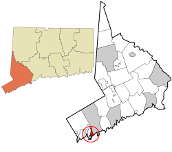 Фэрфилд Каунти, штат Коннектикут, включенные и некорпоративные районы Старый Гринвич выделен. Svg