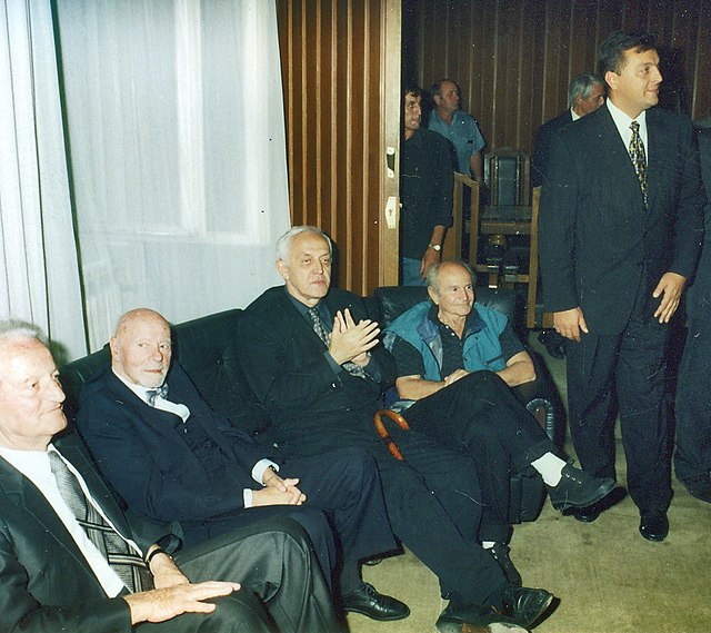 Živković during his term as mayor of Niš with Serbian actors Mića Tomić, Ljuba Tadić and Bata Paskaljević in 1997