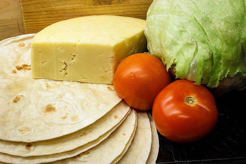 File:Flour tortillas, lettuce, cheese and tomatoes.jpg