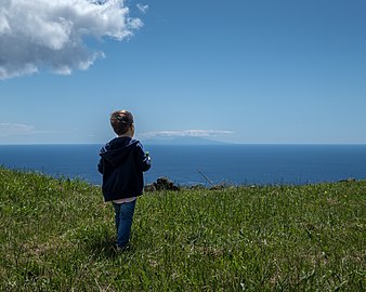 Gabriel with Terceira island in the background, Caldeira, Graciosa Island, Azores, Portugal