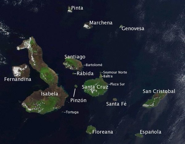 Satellite photo of the Galápagos islands overlaid with the names of the islands