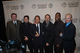 Gary Basaraba, Jason Gedrick, Graham Yost, Jon Avnet, Mykelti Williamson, and Neal McDonough, May 2003 (5).jpg