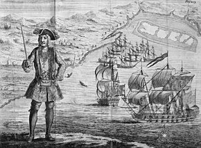 An illustration of Welsh pirate Bartholomew Roberts in the 1724 edition General History of the Pyrates - Captain Bartholomew Roberts with two Ships.jpg