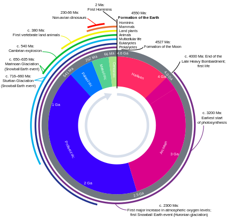Earth's biogeologic clock Geologic Clock with events and periods.svg