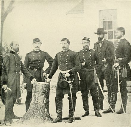 General George B. McClellan with staff & dignitaries (from left to right): Gen. George W. Morell, Lt. Col. A.V. Colburn, Gen. McClellan, Lt. Col. N.B. Sweitzer, Prince de Joinville (son of King Louis Phillippe of France), and on the very right—the prince's nephew, Count de Paris