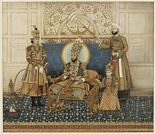 Portrait of Bahadur Shah II seated on a throne and flanked by his two sons in an elegant, palatial setting