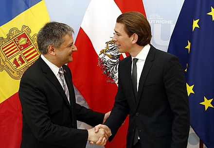 Foreign Minister of Andorra Gilbert Saboya meeting Austrian foreign minister Sebastian Kurz at the Committee of Ministers of the Council of Europe in 2014