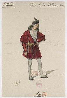 Sketch, with notes, of a male wearing red and white, Renaissance-style clothes, with tights and a black feathered hat.