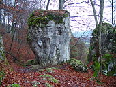 An imposing rock, about 5 m (16 ft) high with brightly painted image of a face, which welcomes hikers to the footpath from the ruin of Pfeffingen Castle to Nenzlingen Gloggelifels.jpg