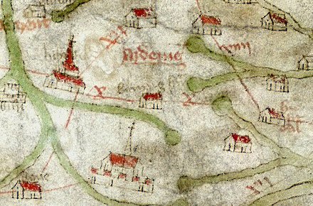 Stafford on the 14th-century Gough Map, at bottom centre. Stone is bottom left, Lichfield centre left. North is to the left