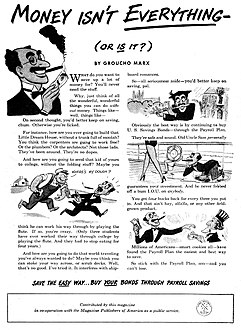 Print advertisement for U.S. Savings Bonds, featuring a caricature of Groucho Marx