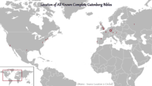 Locations of known complete Gutenberg Bibles Gutenberg Locator Map.png