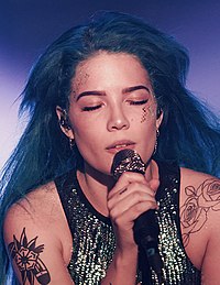 Halsey reached the UK top 10 for the first time this year after providing guest vocals on The Chainsmokers' number-one hit "Closer". Halsey 03-11-2015 -11 (16593957647) (cropped).jpg