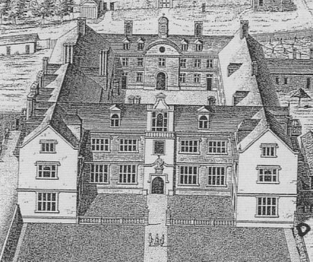 Heanton Satchville depicted in 1739, then the home of Margaret Rolle, 15th Baroness Clinton; detail from Vitruvius Britannicus