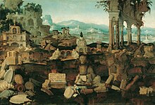 Landscape with Roman Ruins by Herman Posthumus (1536), a collage of Roman ruins with the bust at the forefront (Collection: Liechtenstein Museum) Herman Posthumus 001.jpg