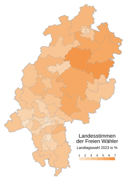 Freie Wähler ﻿Höchstwert: 6,7 % (Schwalm-Eder II) ﻿Tiefstwert: 1,4 % (Frankfurt am Main V)