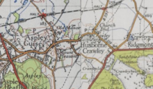 1945 Map of Husborne Crawley showing the towns topography Husborne Crawley 20th Century Map.png