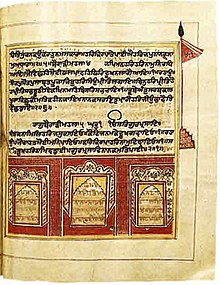 Illustrated folio of a Nishan Sahib (Sikh religious flag) from a Guru Granth Sahib manuscript housed at Takht Keshgarh Sahib, Anandpur and dated to 1771 B.S. (1714 C.E.) Illustrated folio of a Nishan Sahib (Sikh religious flag) from a Guru Granth Sahib manuscript housed at Takht Keshgarh Sahib, Anandpur and dated to 1771 B.S. (1714 C.E.).jpg