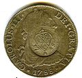 Anverso de moneda de 8 reales (plata) de Carlos III de 1788 resellada en la India británica.