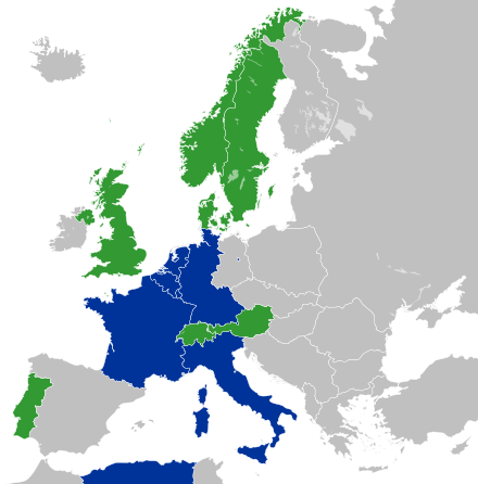 The "core Europe" of the Inner Six signatories of the Treaty of Paris (1951) (shown in blue; the French Fourth Republic shown with Algeria)