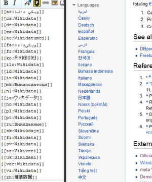 A Wikipedia article's list of interlanguage links as they appeared in an edit box (left) and on the article's page (right) prior to Wikidata. Each link in these lists is to an article that requires its own list of interlanguage links to the other articles; this is the information centralized by Wikidata. Interlanguage links prior to Wikidata.png