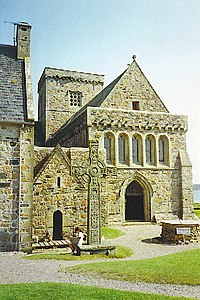 Iona Abbey in Scotland was founded by Saint Columba Iona Abbey, Entrance and St John's Cross. - geograph.org.uk - 113441.jpg