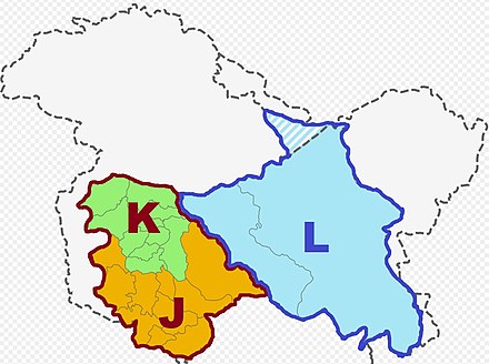 Jammu and Kashmir union territory (J and K) is bordered in carmine colour. Ladakh union territory (L) is bordered in blue colour.