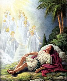 Un dipinto della scala di Giacobbe verso il cielo