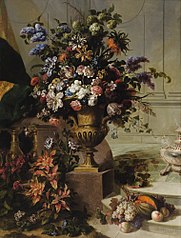 A Bouquet of Flowers In a Gilded Bronze Urn on a Porphyry Base In an Architectural Setting