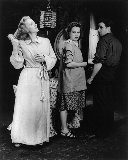 Tandy (left, with Kim Hunter and Marlon Brando) portrayed Blanche in the original 1947 Broadway production of A Streetcar Named Desire, a role that earned her the 1948 Tony Award for Best Actress.