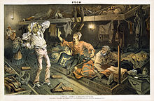 1882 illustration from Puck depicting Irish immigrants as troublemakers, as compared to those of other nationalities Joseph F. Keppler - Uncle Sam's lodging-house.jpg