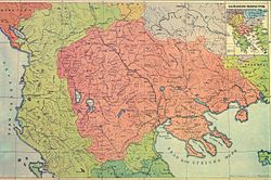 Map of the region of Macedonia on the basis of an earlier publication in the newspaper "Makedonskii Golos'" by the Saint Petersburg Macedonian Colony, 1913 Karta Makedonija 1913.jpg