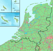 Map of the Kingdom of the Netherlands. The Netherlands and the Caribbean islands are to the same scale. Koninkrijk der Nederlanden.png