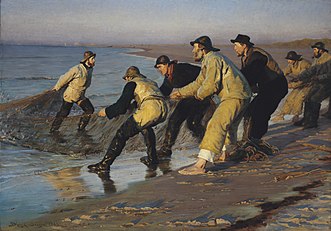 Arrantzaleak sareak jasotzen, North Beach, Skagen, 1883