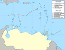 Map showing the maritime border treaties between Venezuela and the US, France, the Netherlands, Dominican Republic and Trinidad and Tobago, setting part of the borders of the Federal Dependencies. Limites maritimos de Venezuela.png