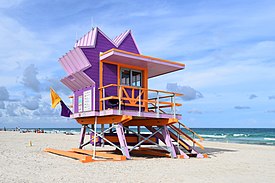 A lifeguard tower at Miami Beach, the most popular beach in the world. Lifeguard stand, Miami Beach.jpg