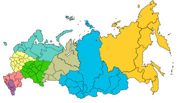 On 13 May 2000, Putin divided Russia into 7 federal districts. On 19 January 2010, the new 8th North Caucasian Federal District (shown here in purple) was split from Southern Federal District. Map of Russian districts, 2010-01-19.svg