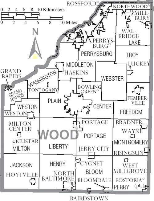 Map of Wood County, Ohio with municipal and township labels