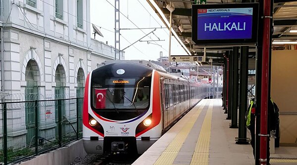 A Marmaray train at Bostancı station on the first day of operation of the Gebze–Halkalı line