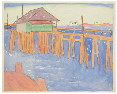 Maud Hunt Squire, Pier met groene en paarse hut, 1915